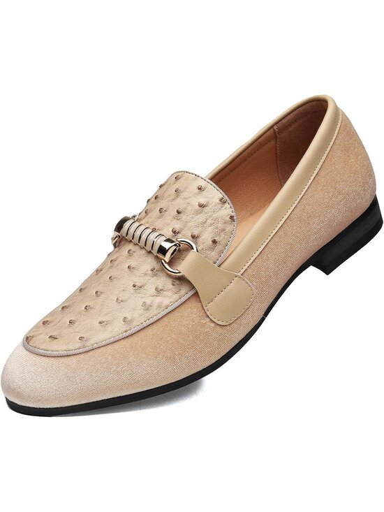 FQEQNQG Men\'s Beige Velvet Loafers Rose Gold Buckle Penny Slip On Casual Shoes main image 6